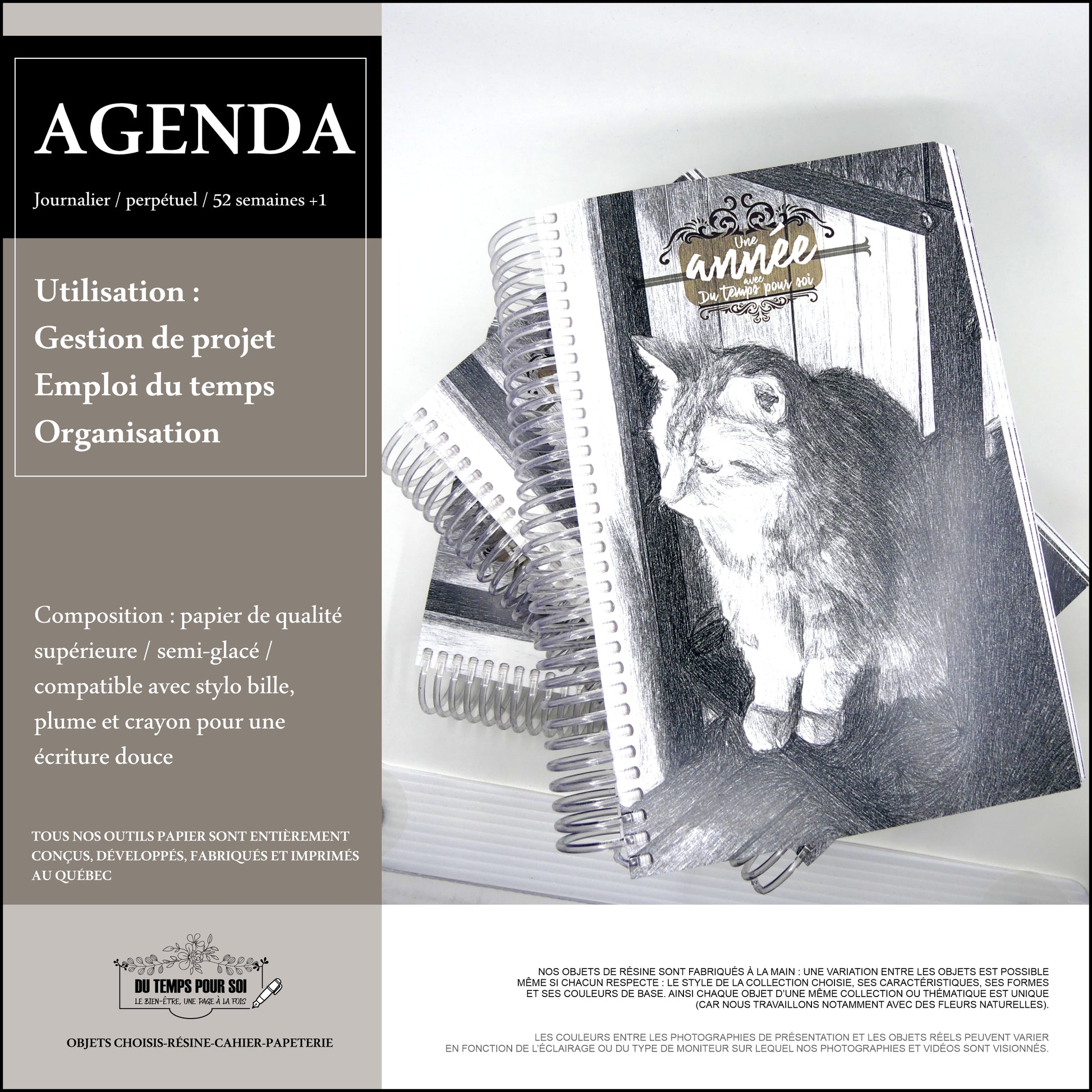 Agenda perpétuel fait à la main, non daté, quotidien. Planificateur, organisateur A5 français 1 page par jour. Illustration de chat. Cadeau.