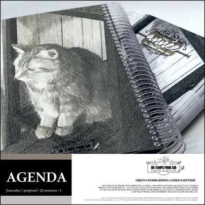 Agenda perpétuel fait à la main, non daté, quotidien. Planificateur, organisateur A5 français 1 page par jour. Illustration de chat. Cadeau.