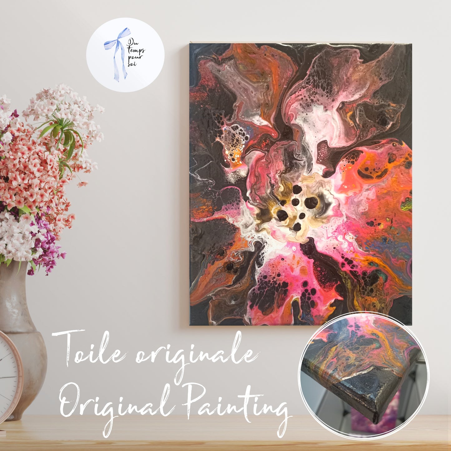 Peinture acrylique fleur abstraite Boho, oeuvre originale et décoration murale moderne en acrylique baie, cadeau artistique sur toile.