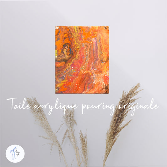 Toile abstraite en acrylique, une peinture d'art acrylique moderne orange et fluide. Décoration murale originale de type Pouring. Toile format 8X10