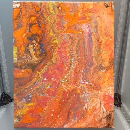 Toile abstraite en acrylique, une peinture d'art acrylique moderne orange et fluide. Décoration murale originale de type Pouring. Toile format 8X10