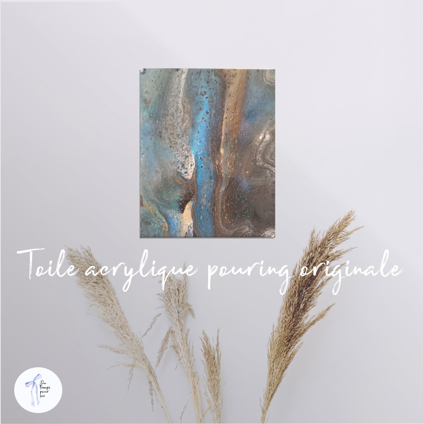 Toile murale abstraite bleue mer en acrylique, peinture sur toile de vagues. Une décoration de maison, coulée de type pouring format 8X10.